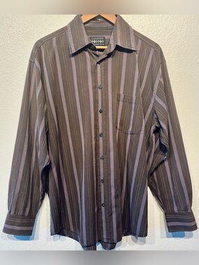 Vintage Alexander Julian Brown Multi-Stripe Button-Up Shirt - Size L (Men’s)